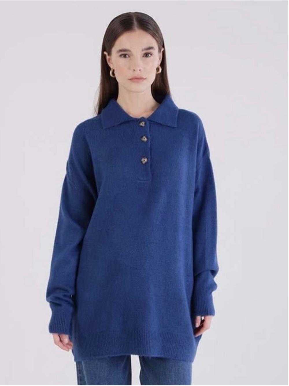 ALLDAY Petrol-Polo Collar Tricot Pullover Sweater One Size Blue Lightweight